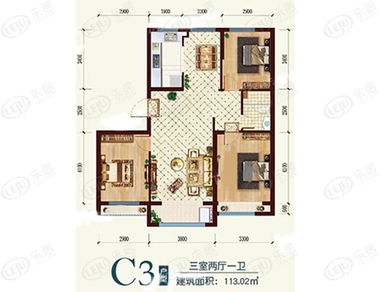 包头装修方案住建风景三室两厅一卫113.02平方米