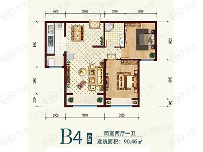 包头装修方案住建风景两室两厅一卫90.46平方米