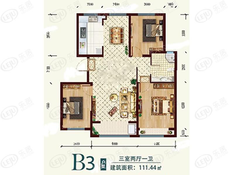 包头装修方案住建风景三室两厅一卫111.44平方米