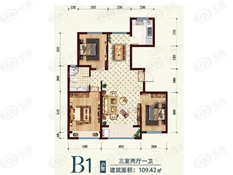 包头装修方案住建风景三室两厅一卫109.42平方米