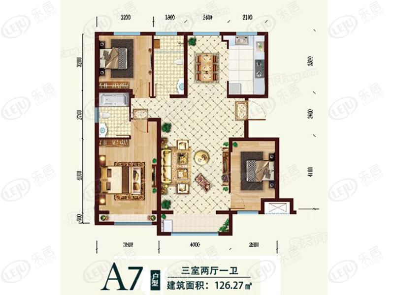 包头装修方案住建风景三室两厅一卫126.27平方米