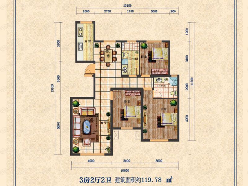 包头装修方案中城国际城三室两厅两卫119平方米