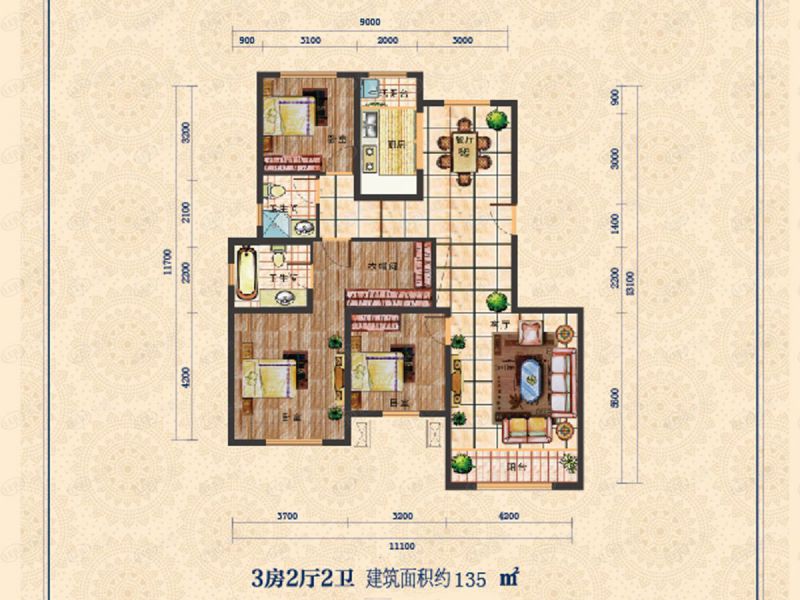 包头装修方案中城国际城三室两厅两卫135平方米